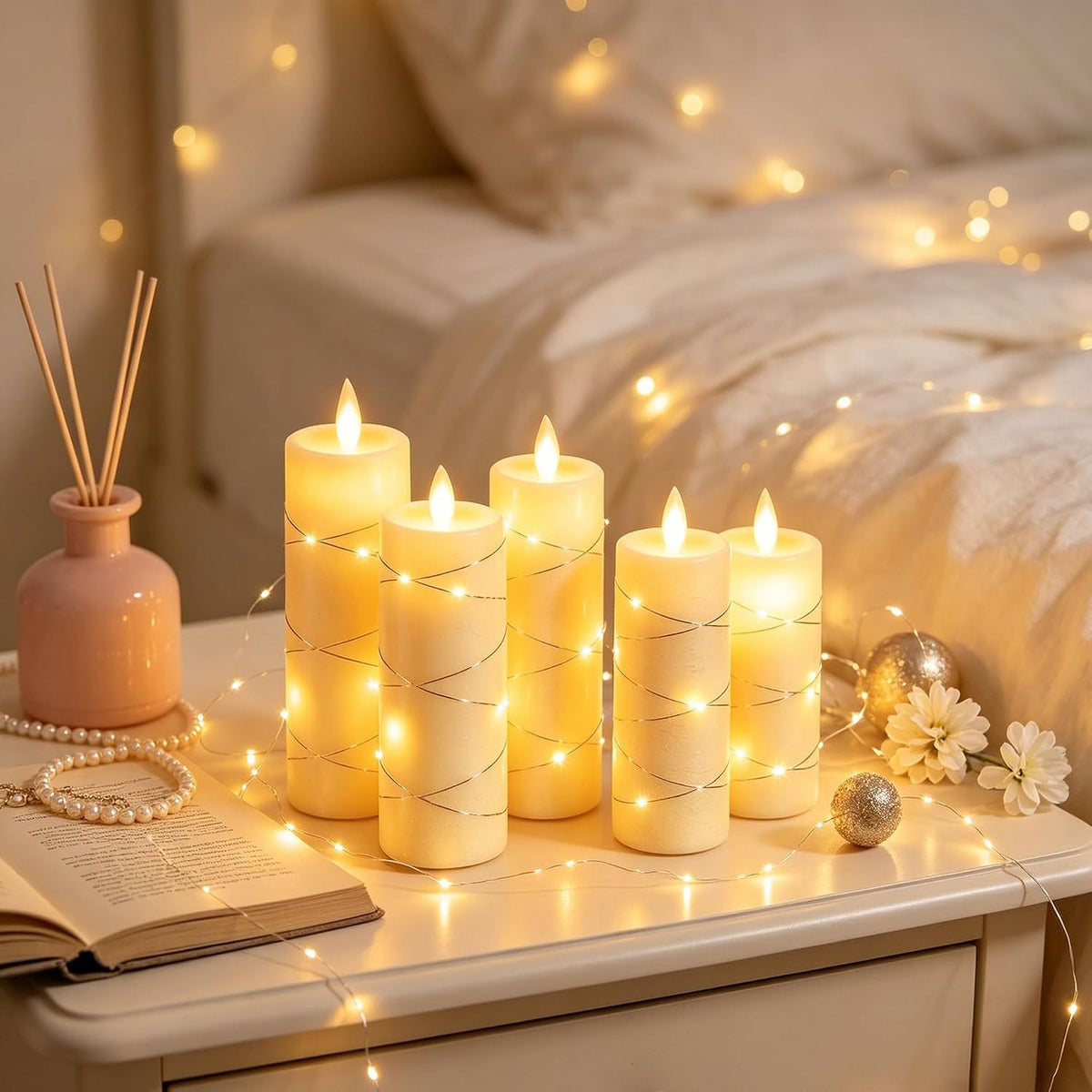 Da by 3 Pack Ivory Flameless LED Candles with Fairy Lights, Realistic Moving Flame Paraffin Wax Candles, Remote Control, Soft Warm Light, 8cm D x 12.5/14.5/16.5cm H, Indoor Wedding Home Decor