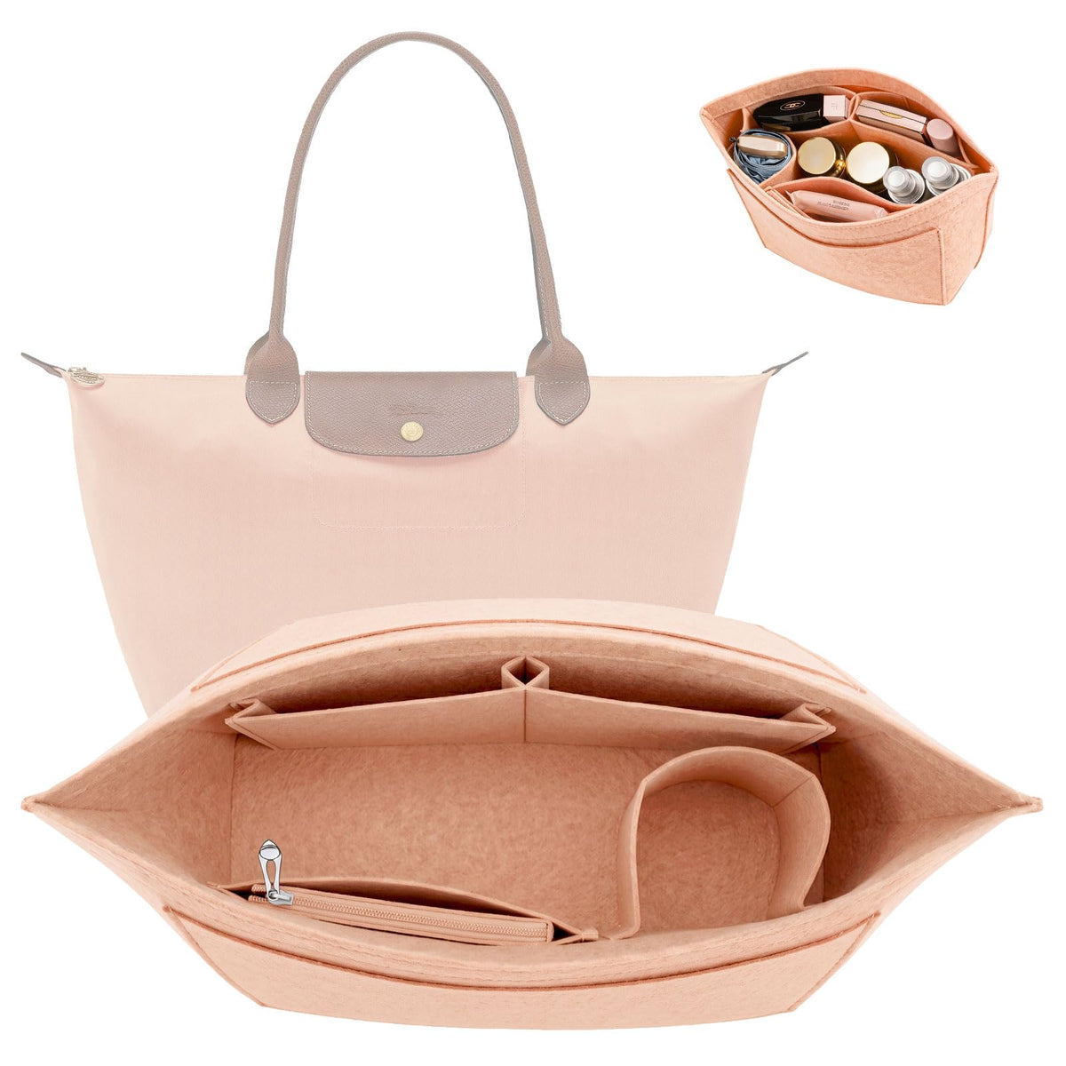 Multi-pocket felt tote bag for inserting a wallet, folding tote organizer insert Longchamp (khaki, L)