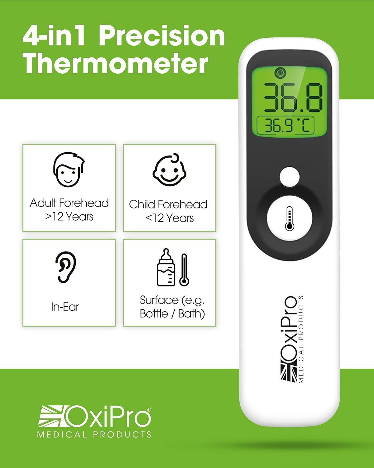OxiPro TH1 Thermometer - Which? and Health & Pharma Award Winner 2026 - In-Ear, Forehead, Non-Touch & Baby Modes - Infrared Thermometer for Newborn, Baby, Kids, Children & Adult Temperature