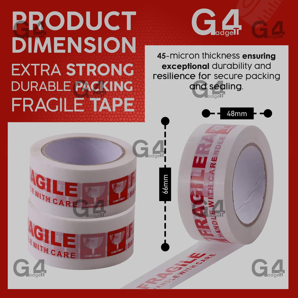 G4GADGET Pack of 3 Clear Packing Tape - Heavy Duty Transparent Tape 48mm x 66m - Ideal for Moving, Packing Boxes, and Secure Packaging