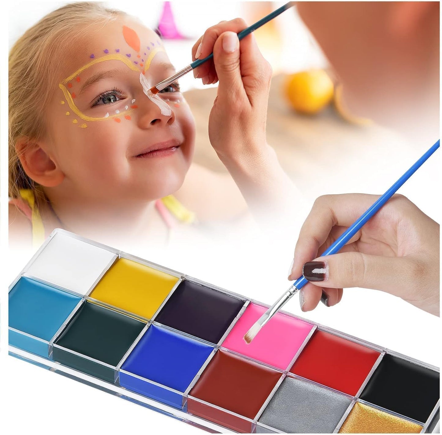 URAQT Face Paint Kit, 15 Color Face & 15 Color Neon Ultraviolet Painting with 2 Brushes 80 Stencils, Washable Safe Body Paint for Adults Kids Halloween Party Carnival, Makeup Paint Non-Toxic to Use
