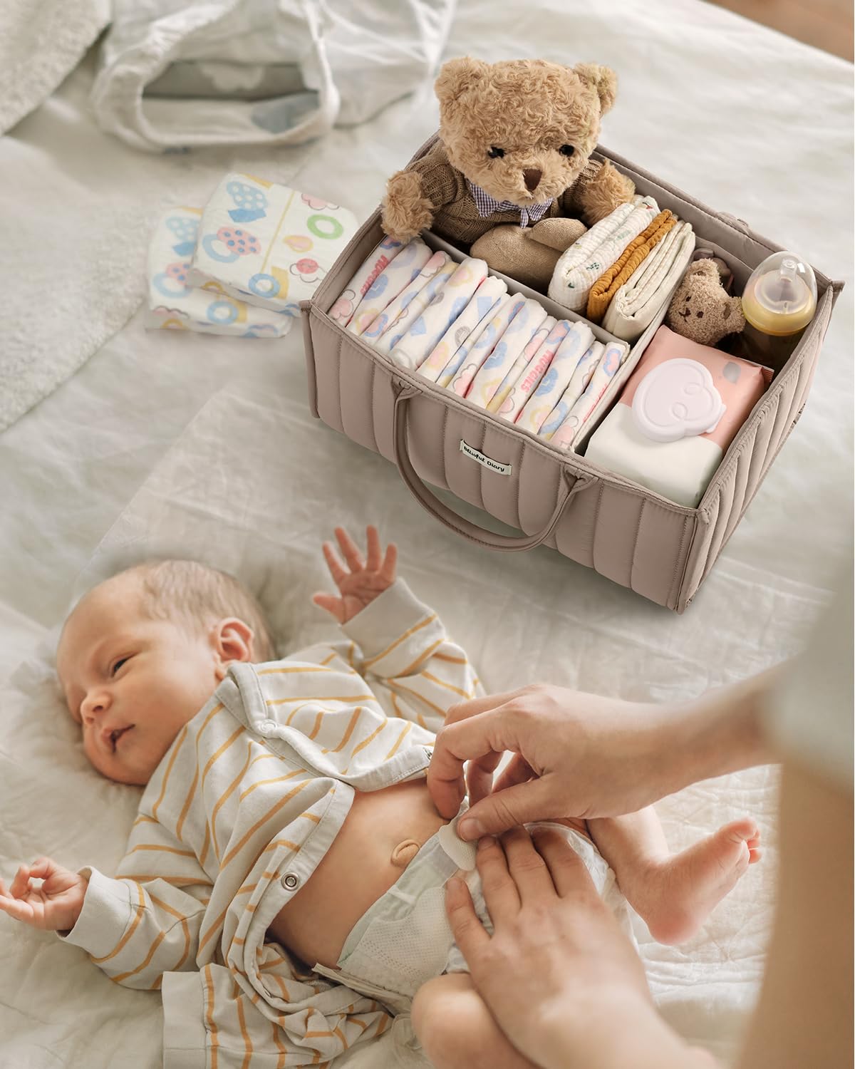 Blissful Diary Nappy Caddy Organiser, Baby Diaper Caddy for Nappy Station, Stylish Storage Basket for Newborn Essentials, Baby Shower Gifts for Girl or Boy, Woodland Cream