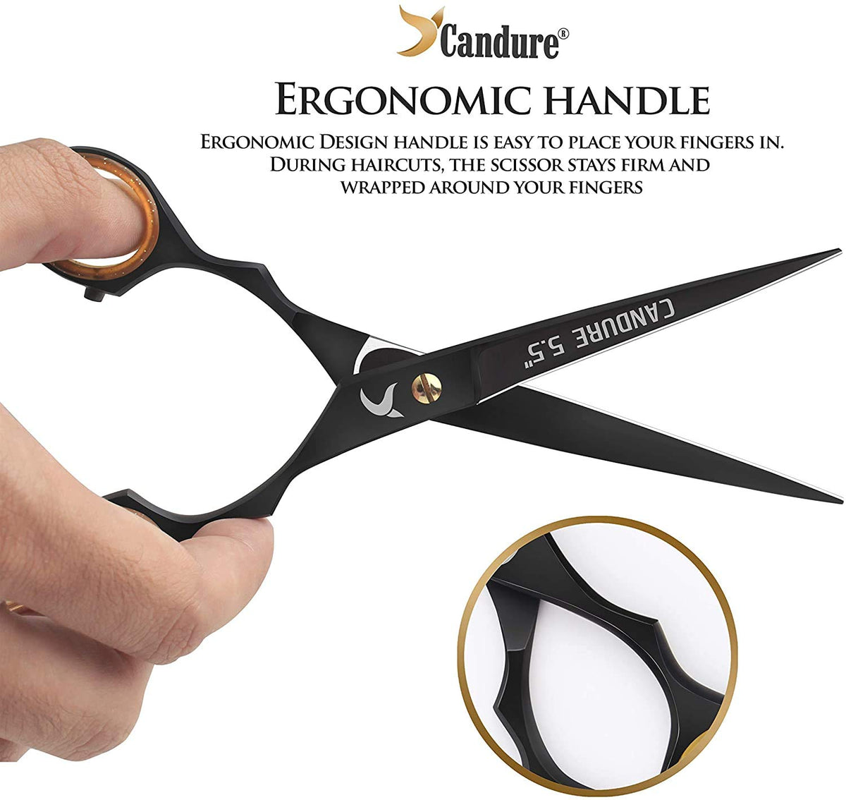 Candure Hairdressing Scissor with Comb & Leather Pouch 6.5" - Hair Scissor for Professional Hairdressers, Barbers Stainless Steel Hair Cutting Shears for Salon, Men, Women, Children and Adults Black
