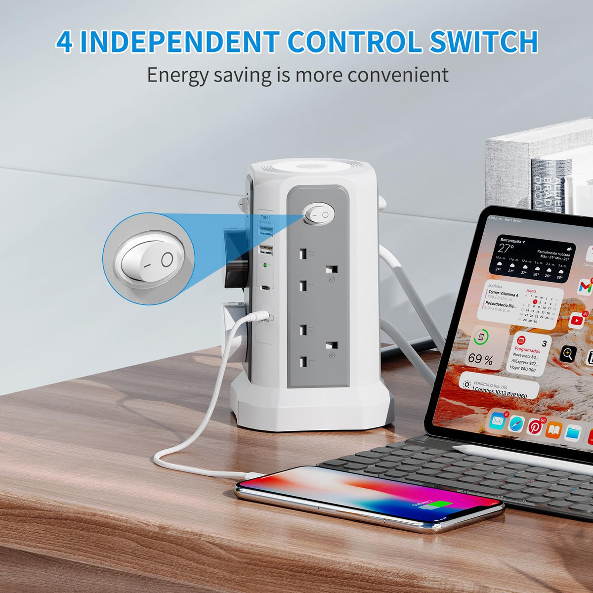 HAFINO Tower Extension Lead 3M with USB Slots and Night Light, 4 Switches