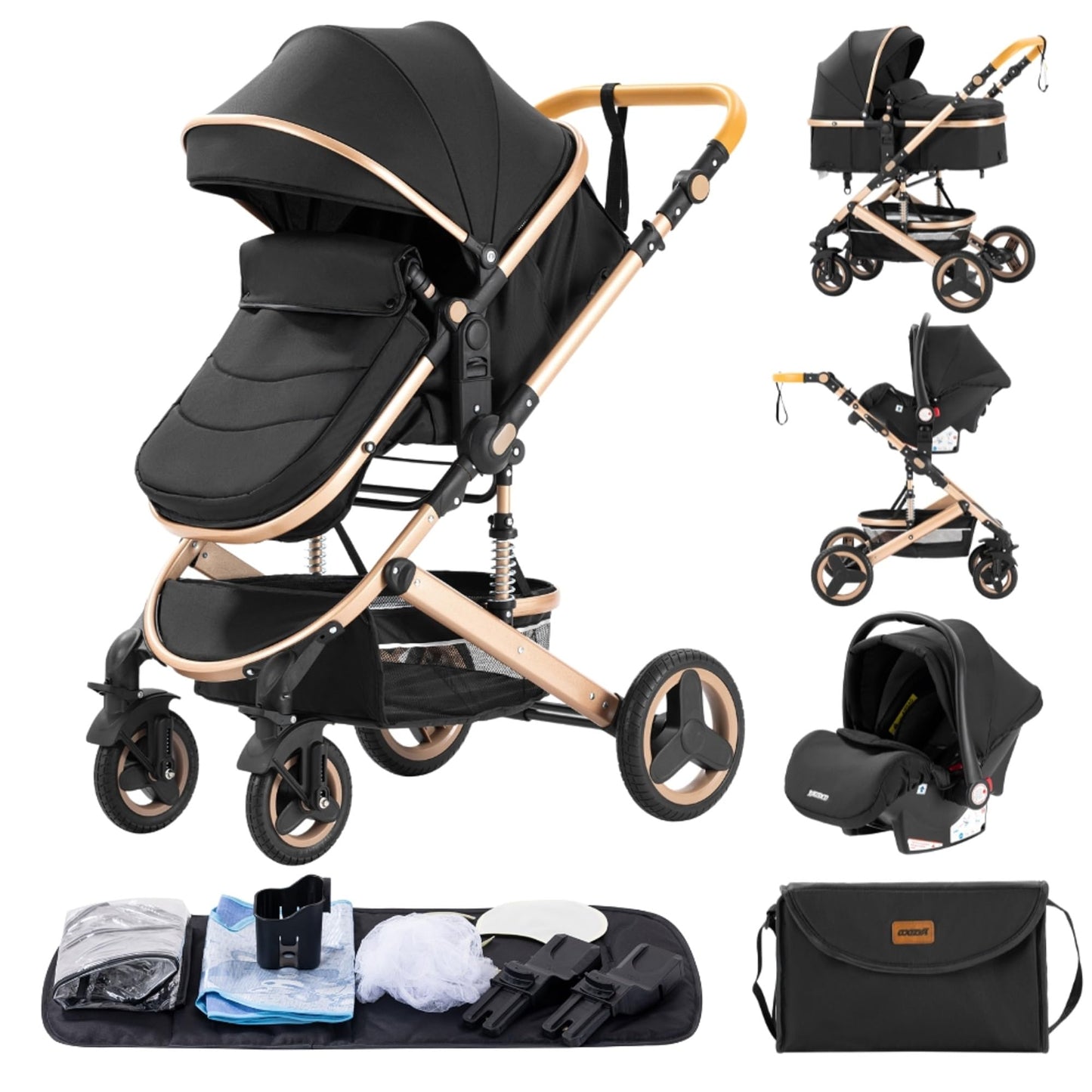GLOKID 3 in 1 Prams Travel System, 0-4 Years, Foldable, Compact and Reclining Baby Pushchair, Aluminum Frame, Accessories, Nursery Bag (530 Red)