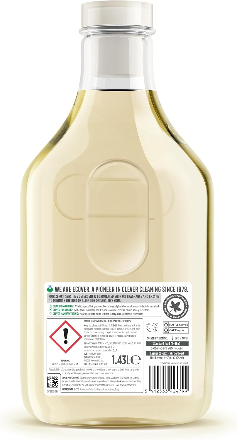 Ecover Zero Non-Bio Laundry Liquid, Sensitive Skin, 40 Washes, 1.43L