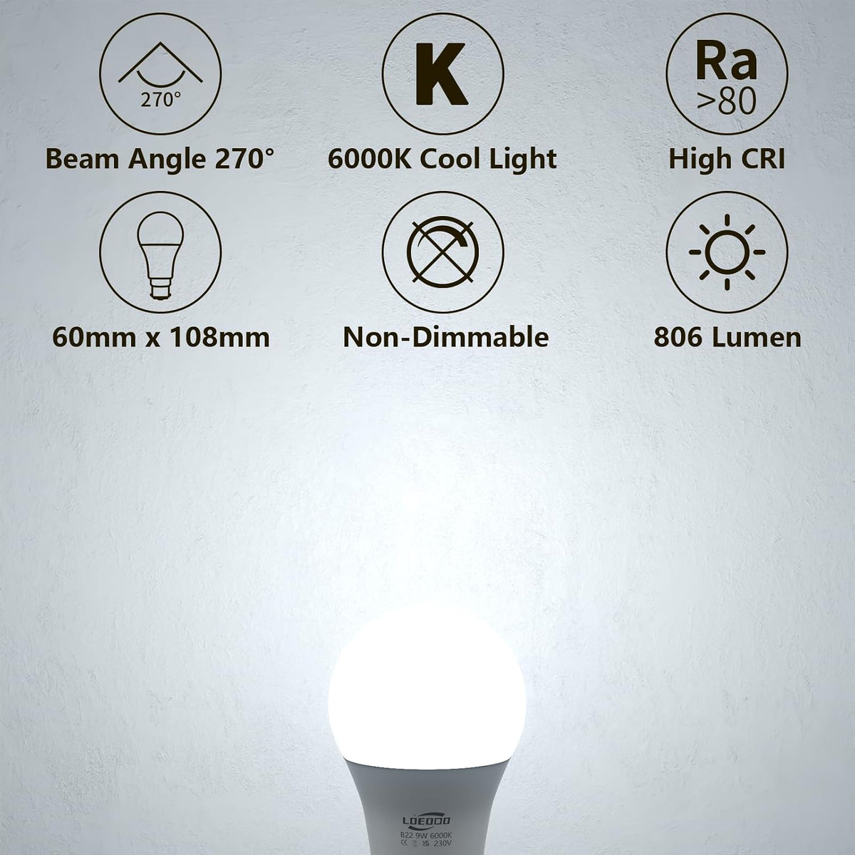 B22 Bayonet Light Bulb 9W=60W, 6000K Cool White, 806LM, Pack of 6