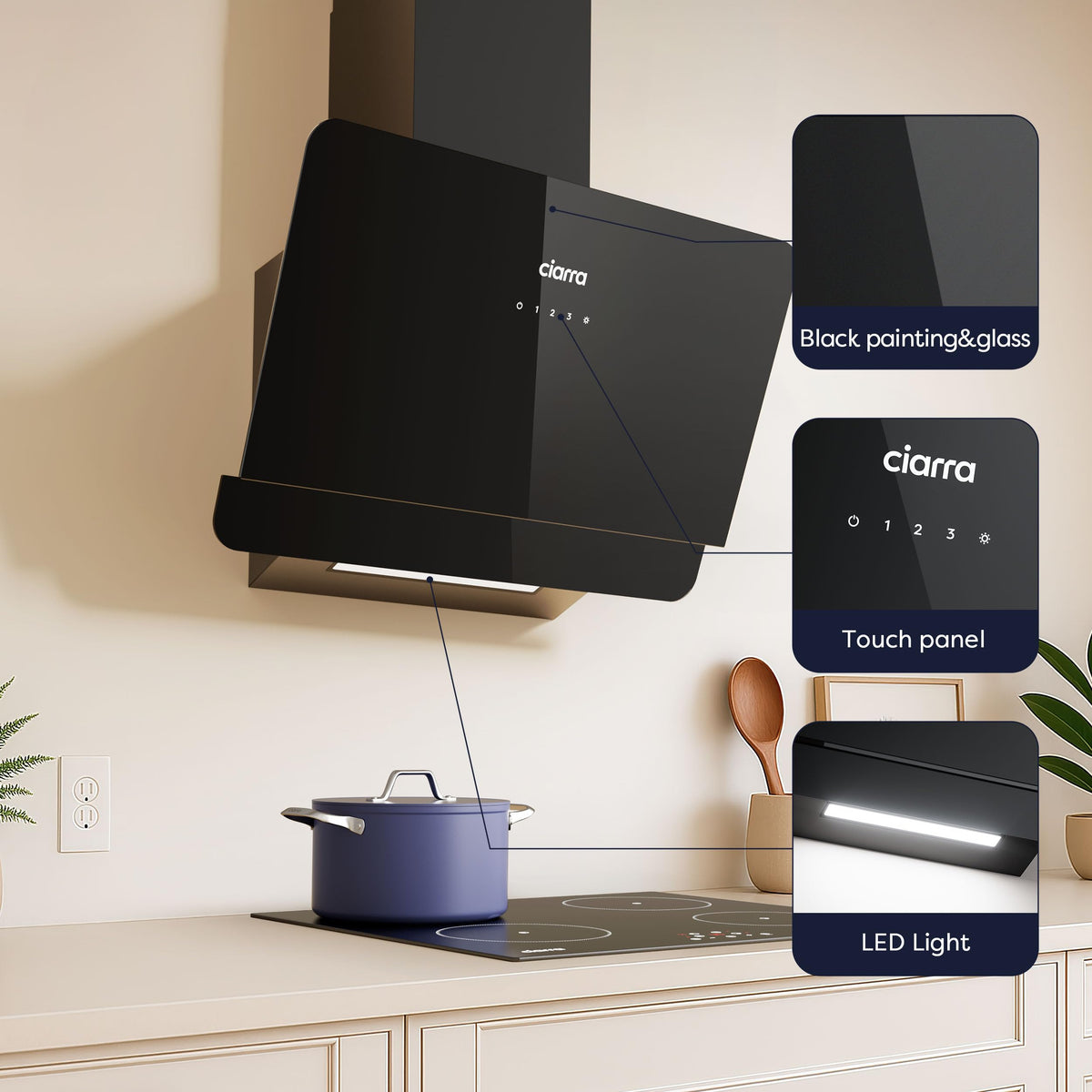 CIARRA 60cm White Angled Cooker Hood, Gesture Control, A+++, CBCW6736A