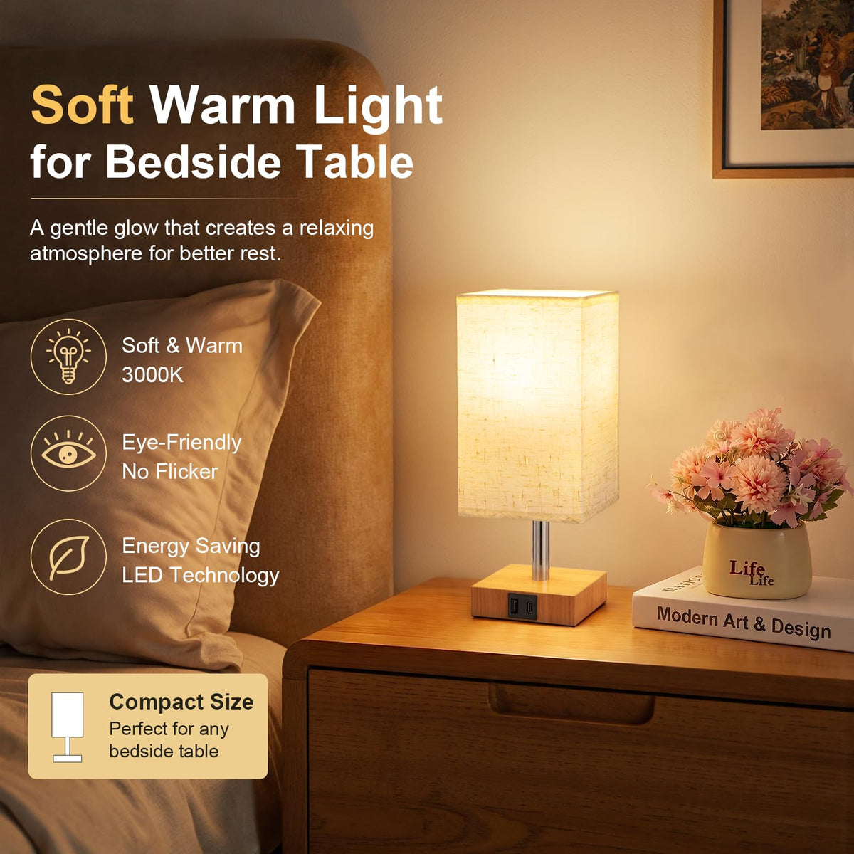 White Table Lamp for Bedroom, Small Bed Lamp with for Bedroom, Silver Base(Bulb Included)