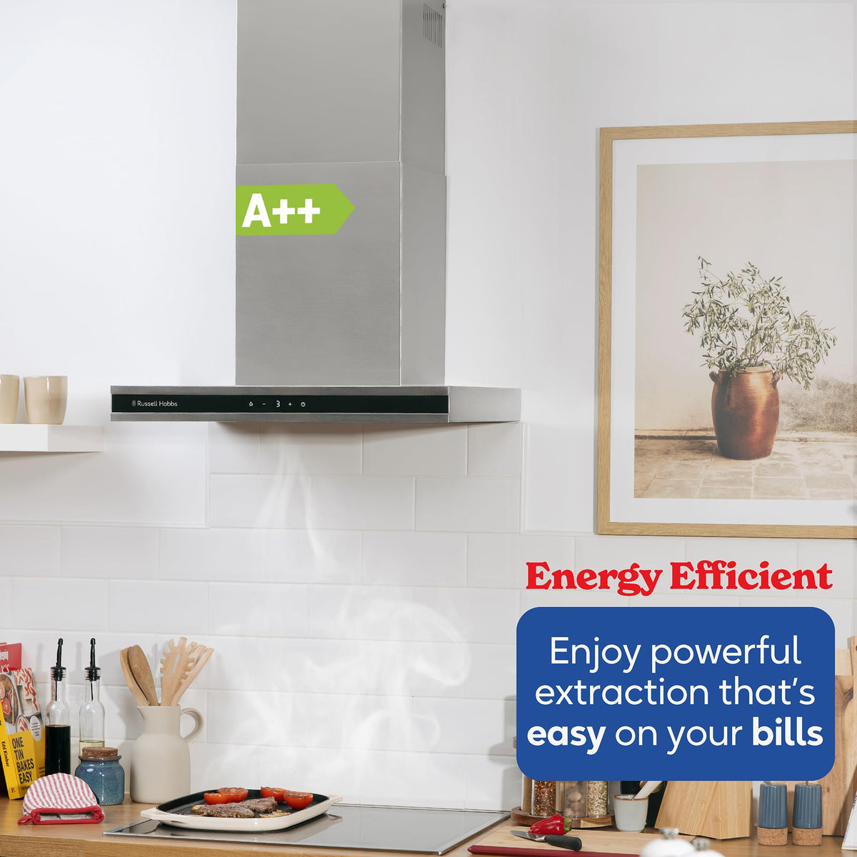 Russell Hobbs 90cm T-Shaped Cooker Hood in Stainless Steel with 3 Speed Settings, 3x Washable Aluminium Filters, Extraction or Recirculation, Boost Function, LED Lights A++ Energy Rating, RHGCH903SS