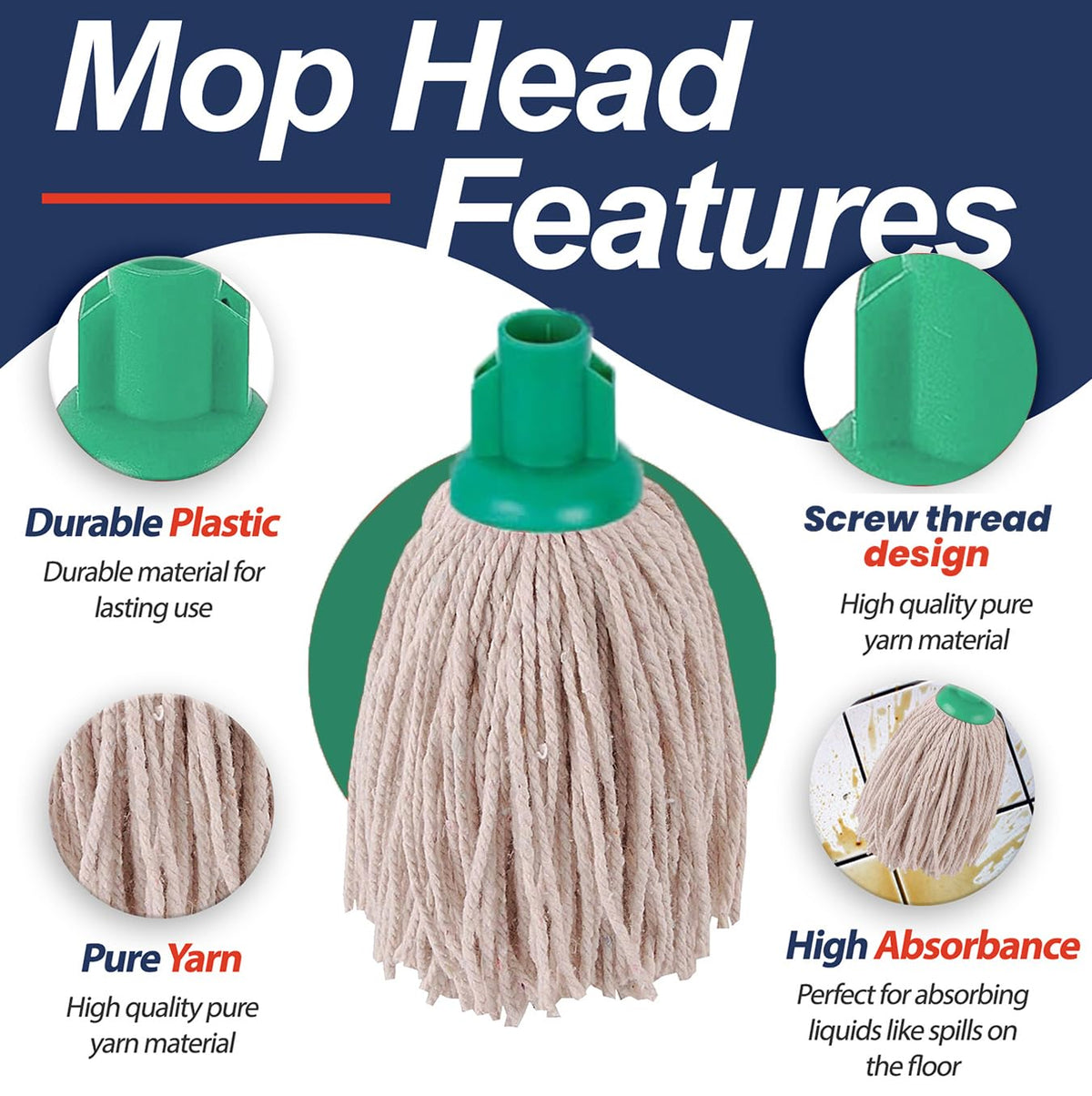 Abbey No.16 Socket Cotton Mop heads Replacement Pack of 5 – Super Absorbent String Mop Universal Screw On Socket - Floor Cleaning Heavy Duty mop head ( Blue )