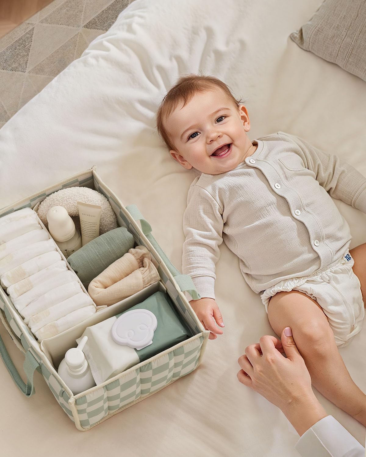 Blissful Diary Nappy Caddy Organiser, Baby Diaper Caddy for Nappy Station, Stylish Storage Basket for Newborn Essentials, Baby Shower Gifts for Girl or Boy, Woodland Cream