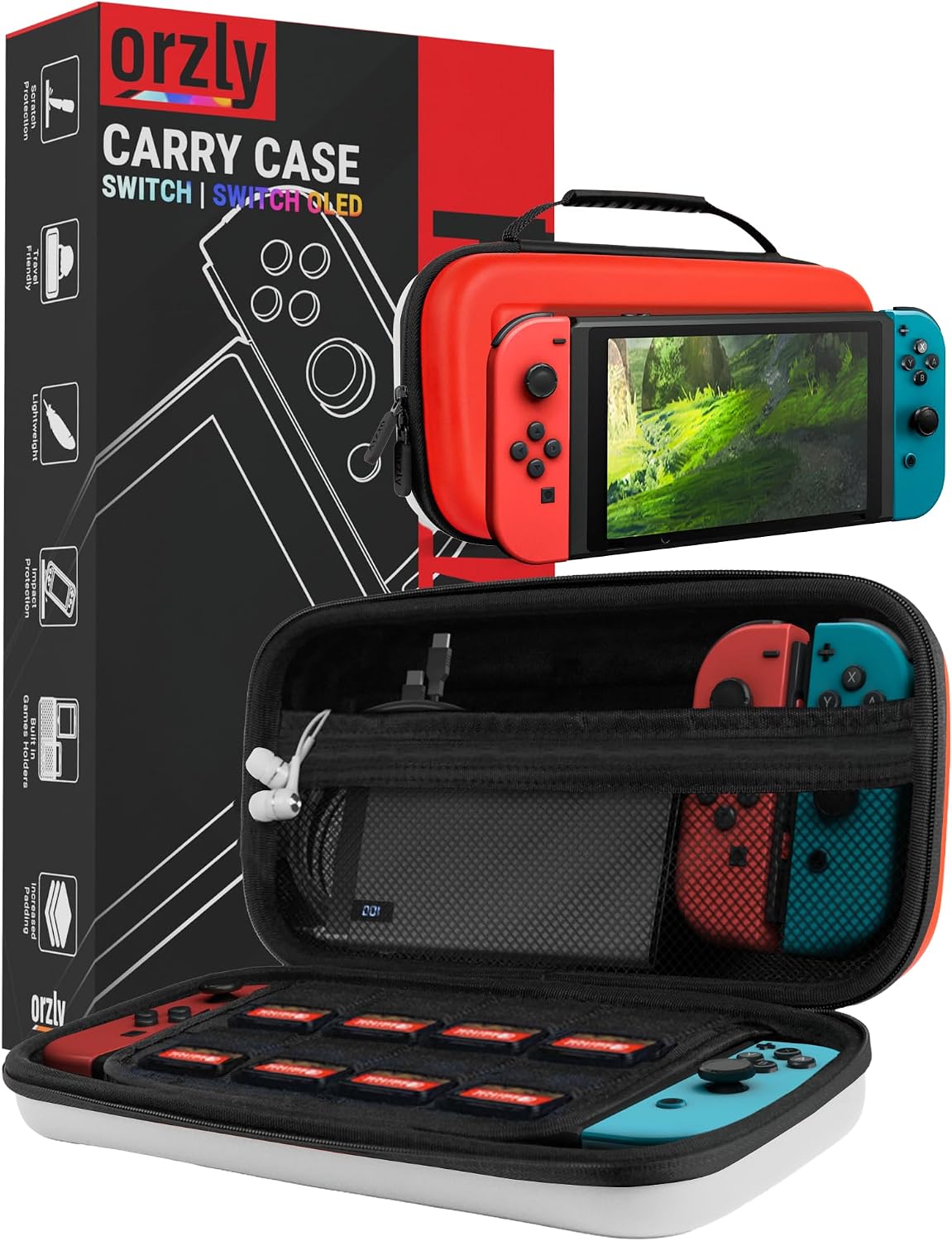 Orzly Carry Case for Nintendo Switch Lite Protective Hard Shell Portable Travel Carry Case with Storage for Accessories & Game Cartridges (Red & White)