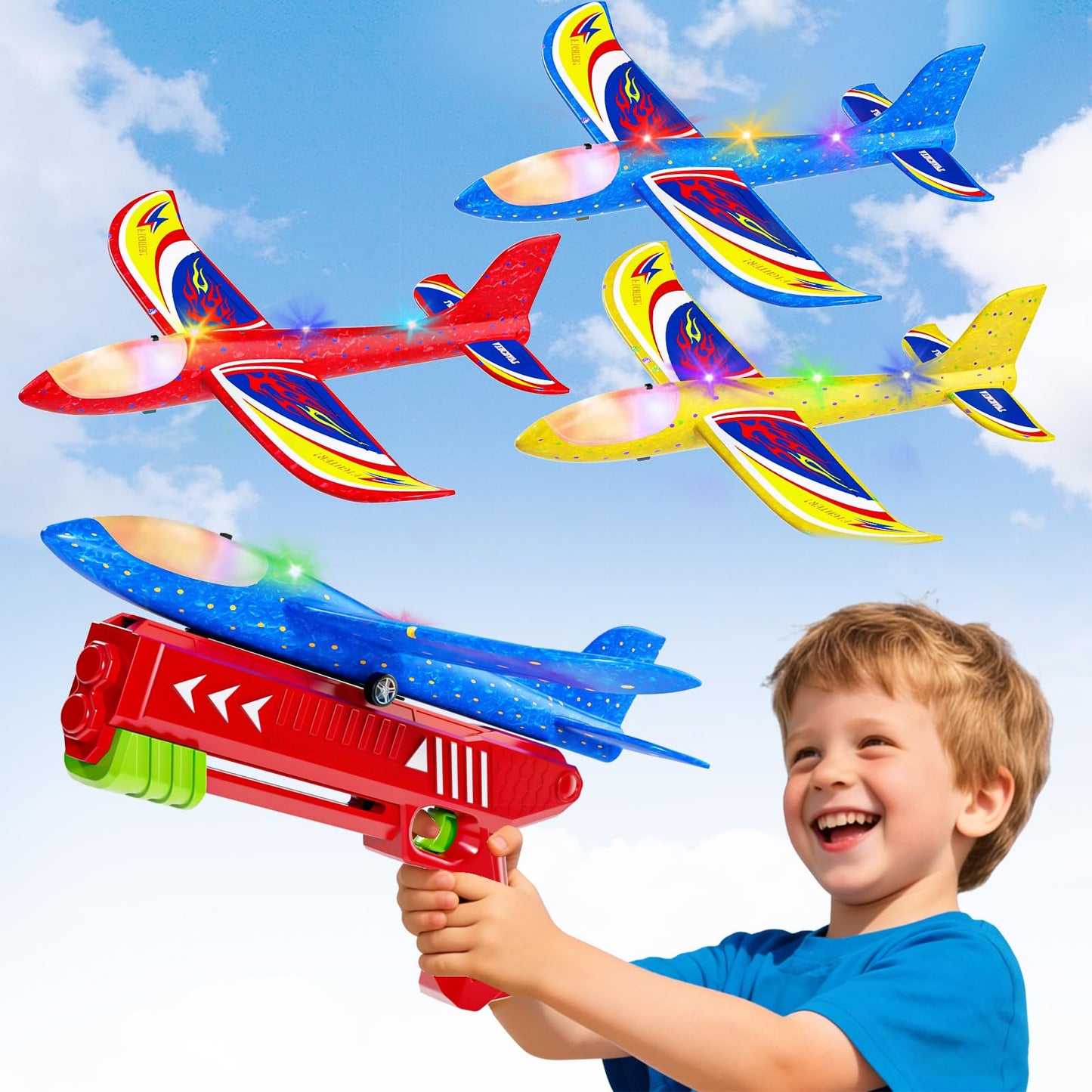 Doloowee Boys Toys for 3 4 5 6 7 8 Years Old, 1 Launcher with 3 Foam Glider Planes, Outdoor Garden Toys Birthday Present Gift for Kids 3 4 5 6 7 8 Year Old
