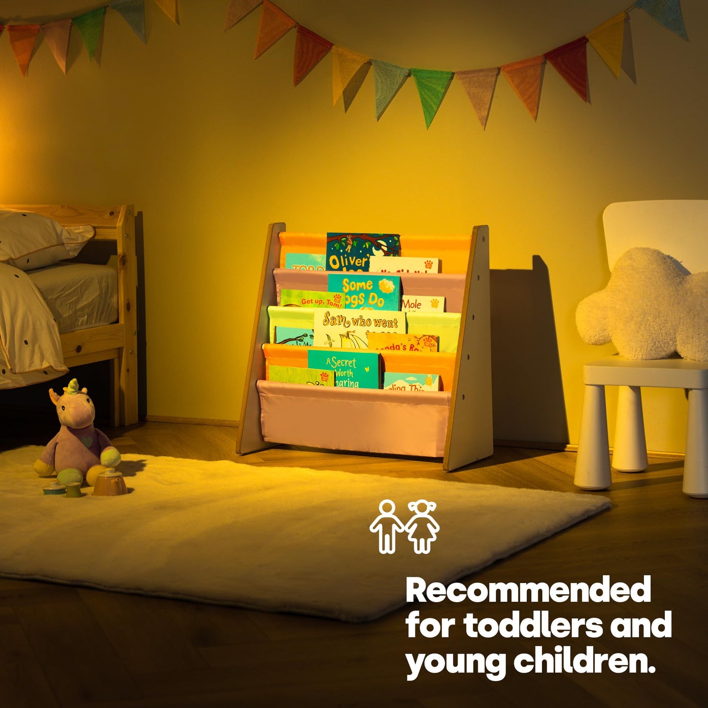 LIVIVO Colorful Kids Bookshelf - 4 Tier Children's Bookcase, Magazine and Book Storage Rack, Wooden Sling Book Organizer, Book Shelf for Kids Room, Bedroom, Nursery, Playroom (Natural)