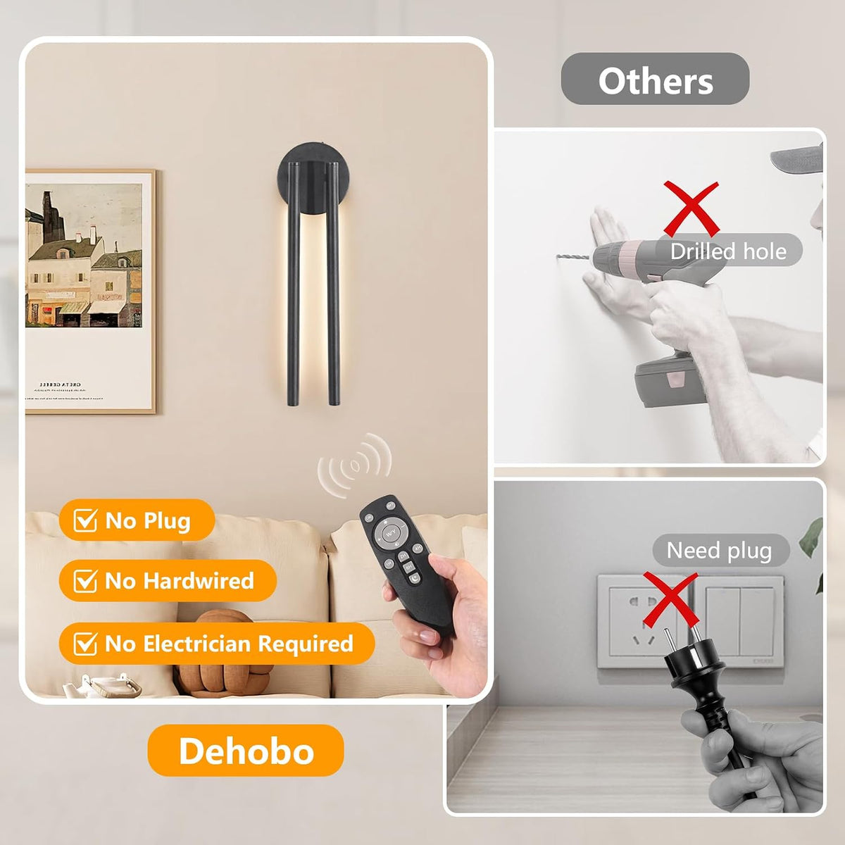 Dehobo 80CM Rechargeable Wall Lights with 8000mAh for Home Decor, 2 Packs