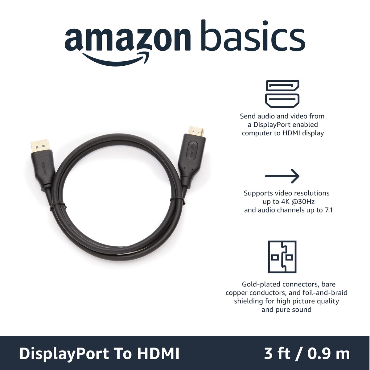 Amazon Basics DisplayPort to HDMI Display Cable, Uni-Directional, 4k@30Hz, 1920x1200, 1080p, Gold-Plated Computer Monitor Projector Plugs, 6 foot - Pack of 10, Black