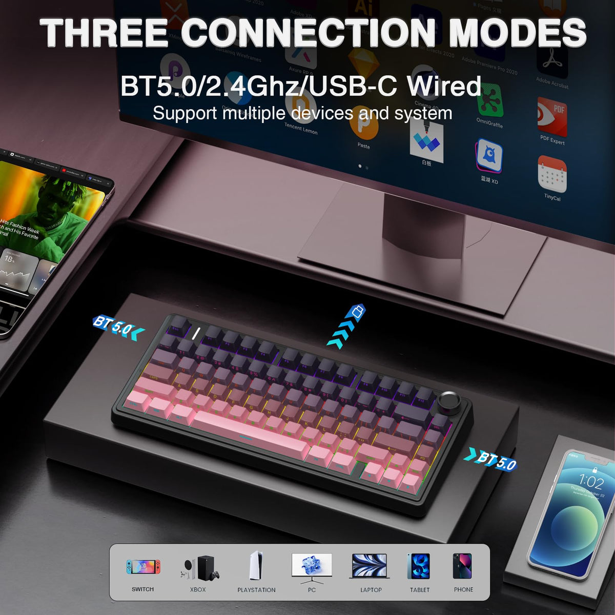 AULA F75 75% Wireless Mechanical Keyboard,2.4Ghz/Type-C/BT5.0 Gaming Keyboards,Advanced Structure,RGB Backlight,Hot Swappable Custom Keyboard for PC/Mac (Cool Black)