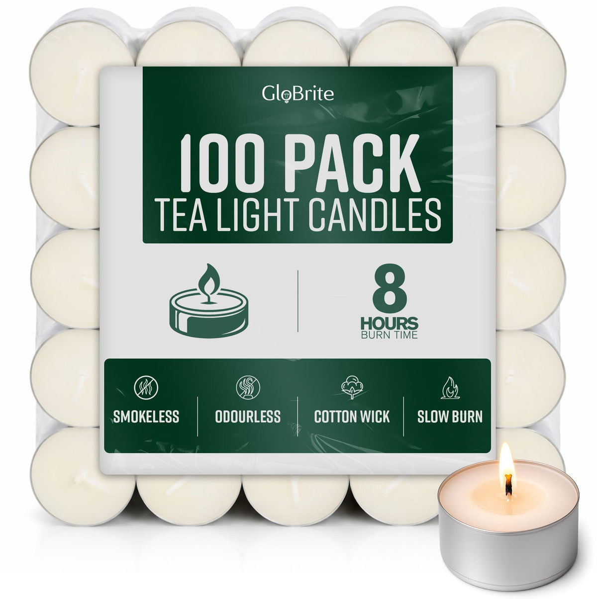 GloBrite Unscented Tea Lights – 8-Hour Long Burning Candles with Aluminum Cups for Home, Events & Decor (Pack of 50)