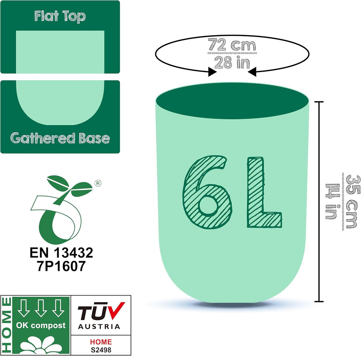 Greener Walker 6L-150Bags 100% Compostable Biodegradable Bin Liners 6L/10L/30L Food Waste Bags with EN13432 Certificate Caddy Kitchen Bin Liners