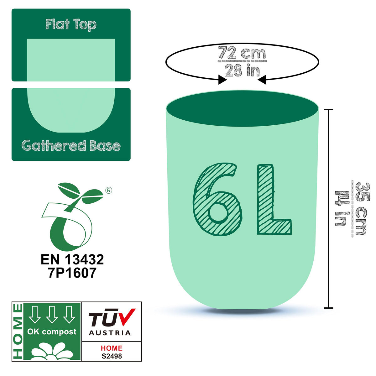 Greener Walker 6L-150Bags 100% Compostable Biodegradable Bin Liners 6L/10L/30L Food Waste Bags with EN13432 Certificate Caddy Kitchen Bin Liners