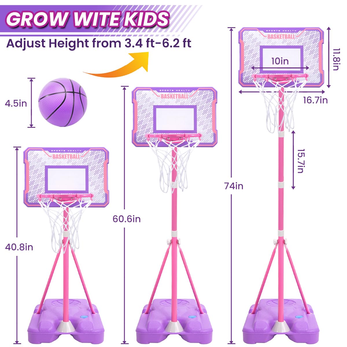 MELAND Kids Basketball Hoop Outdoor, 104-190cm Height Adjustable Stand with 3 Balls, Portable Indoor Outside Sports Toys, Birthday Gifts for 3-10 Year Old Boys Girls