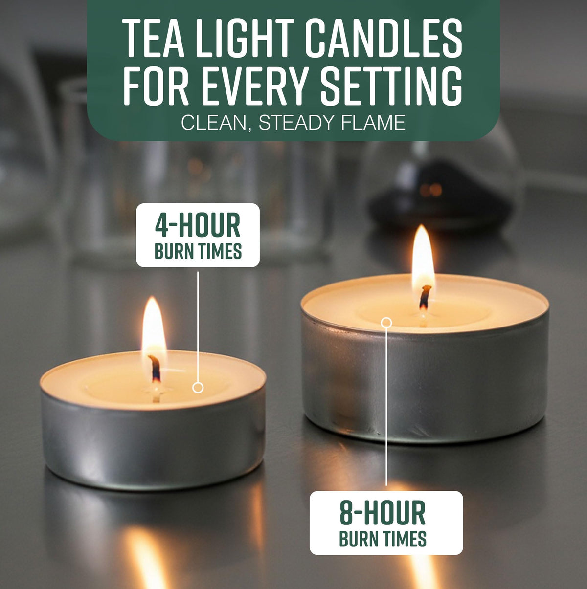 GloBrite Unscented Tea Lights – 8-Hour Long Burning Candles with Aluminum Cups for Home, Events & Decor (Pack of 50)