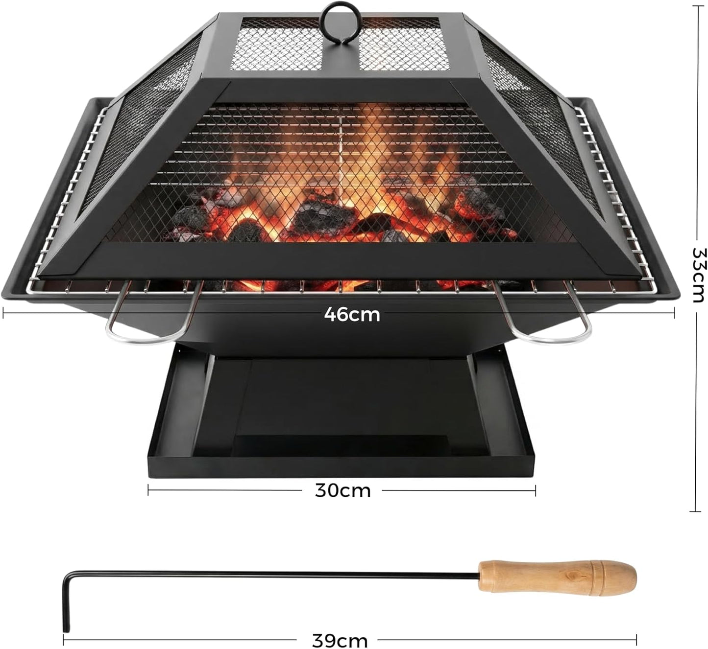 Square Fire Pit with BBQ Grill, Metal Fire Pit BBQ with Mesh Lid & Poker, Outdoor Garden Patio Heater Firepit, Sturdy and Durable Iron Construction - Great for Camping, Picnics or the Garden