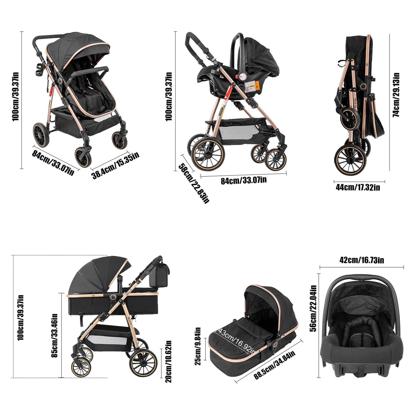 PU Leather 3 in 1 Pushchair Travel System, Toddler Stroller, Baby Pram 3 in 1, Infant Carriage with One-Click Folding, Newborn Buggy with Aluminum Frame (V6 Black)