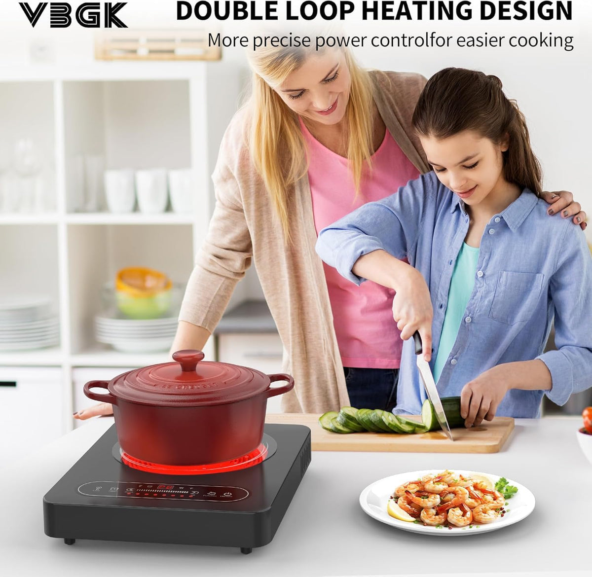 VBGK Portable Ceramic Hob, 2000W Portable Electric Hob, Electric Ceramic Hob, Single Cooking Zone with LED Display, 4-Hours Timer, Safety Lock, Residual Heat Indicator