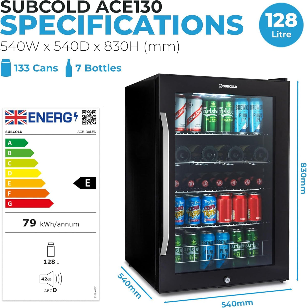 Subcold Ace90 LED Touch Control Beer Fridge With Glass Door | Premium Drinks & Wine Fridge | Black Alu Handle, Auto Defrost, Lockable | 91 Cans | Ideal for Home Bar Undercounter