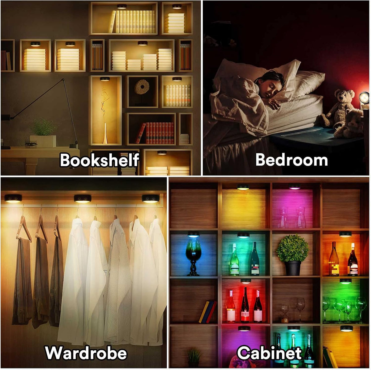 Onumii Under Cupboard Kitchen Lights Battery Operated LED Under Cabinet Lighting, Stick on Wardrobe Lights Under Counter with Remote Control, RGB Puck Light, 6 Pack - Black
