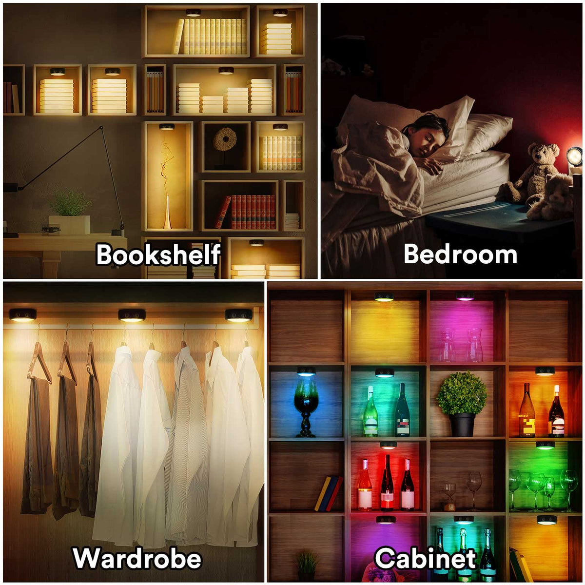 Onumii Under Cupboard Kitchen Lights Battery Operated LED Under Cabinet Lighting, Stick on Wardrobe Lights Under Counter with Remote Control, RGB Puck Light, 6 Pack - Black