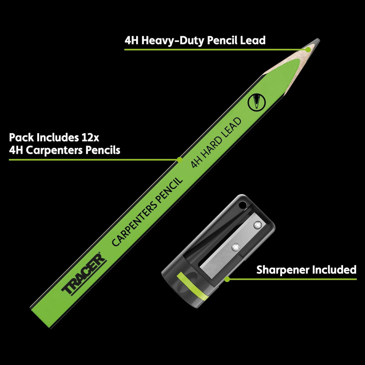 Tracer 4H Hard Lead Carpenters Pencils 12 Pack with Sharpener