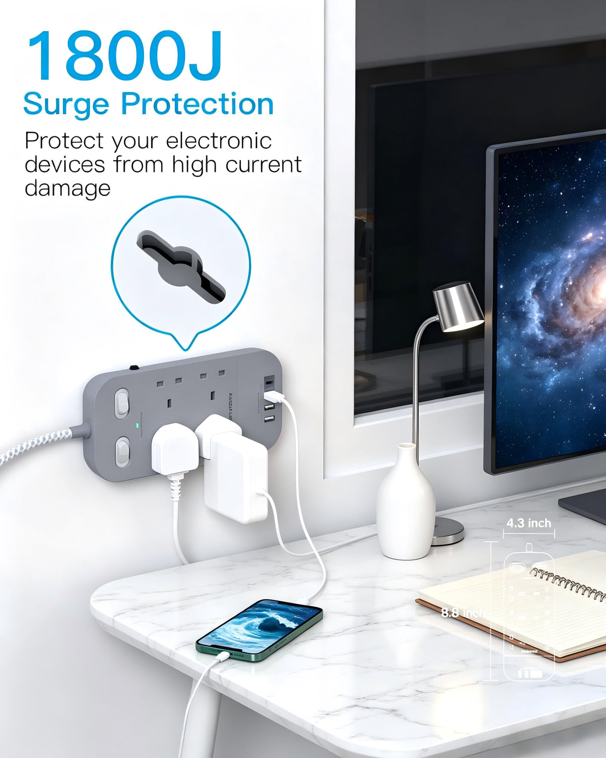 5M Extension Lead Surge Protected, 4 Way Outlets with 2 USB C & 2 USB A