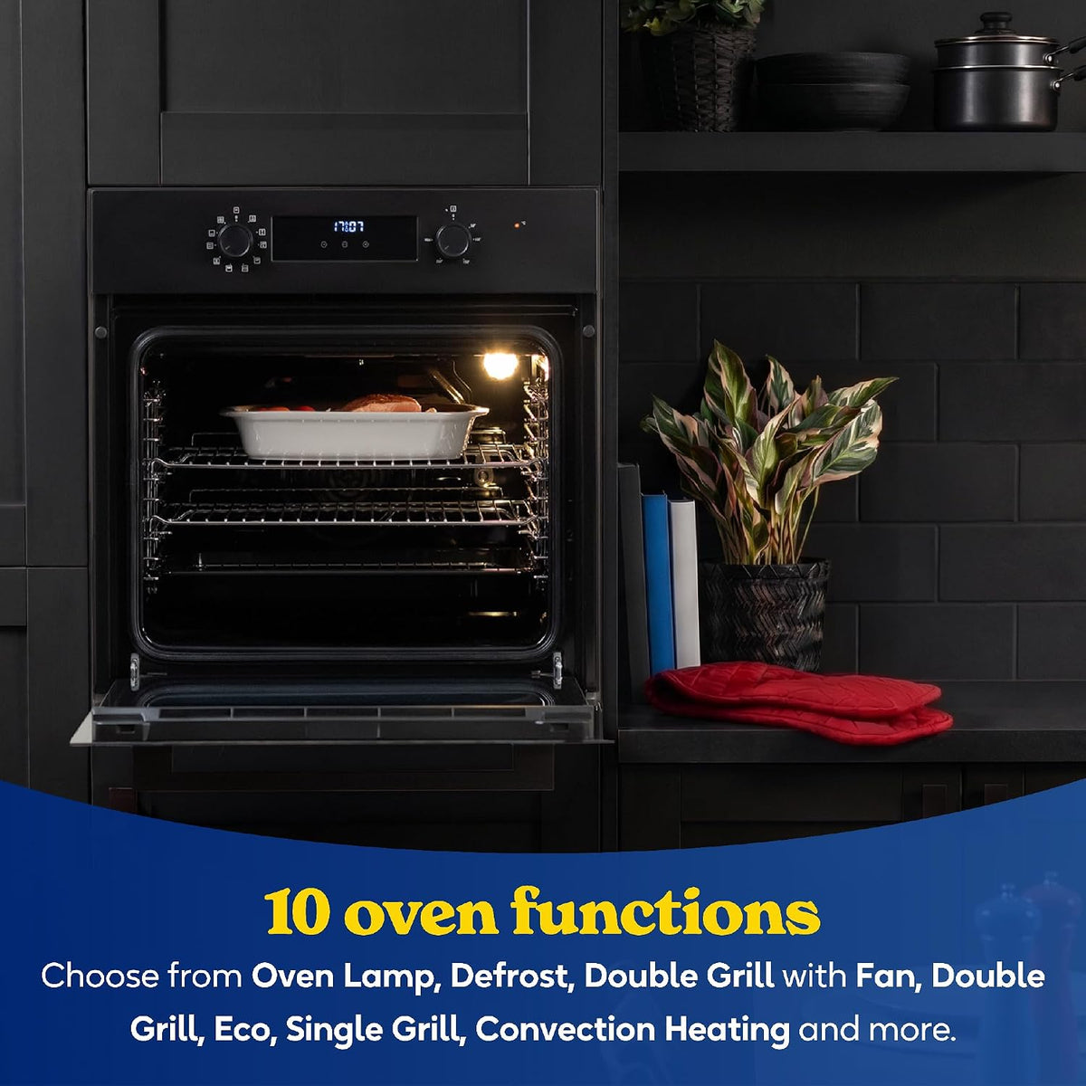 Russell Hobbs Built-in Multifunctional Electric Fan-Assisted Oven 70L in Black with 10 Functions, Double-Glazed Door, A Energy Rating, Grill Function, LED Clock & Timer, Easy-Clean Interior, RHEO7011B