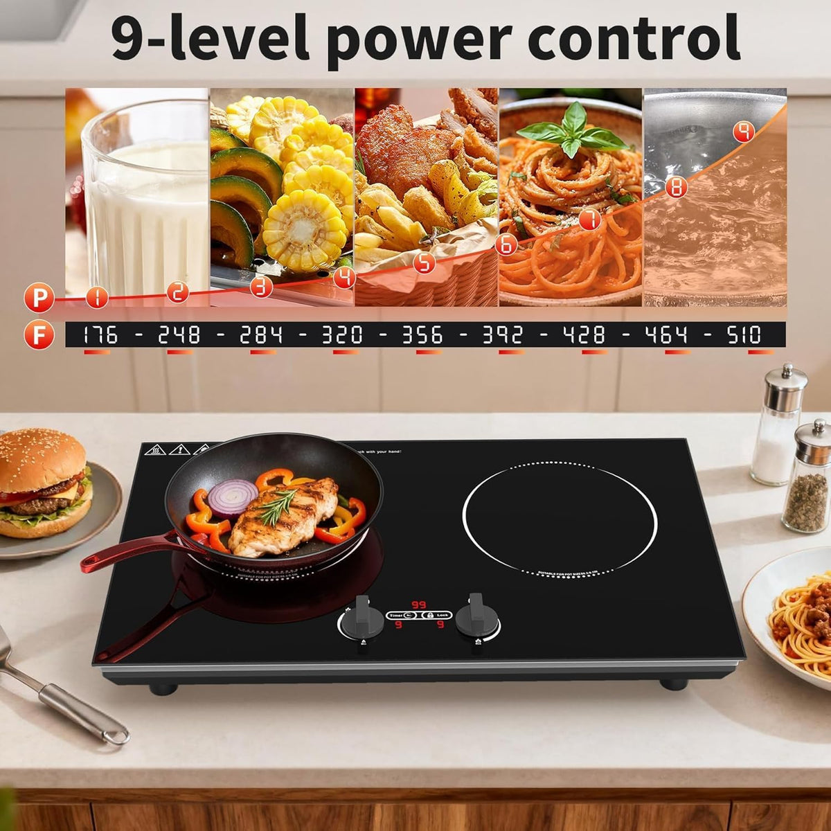 VBGK Double Induction Hob,220V 3600W 2 Ring Induction Hob with Knob Control,9 Power Levels, Kids Lock & Timer,LED Touch Control,Overheat Protection