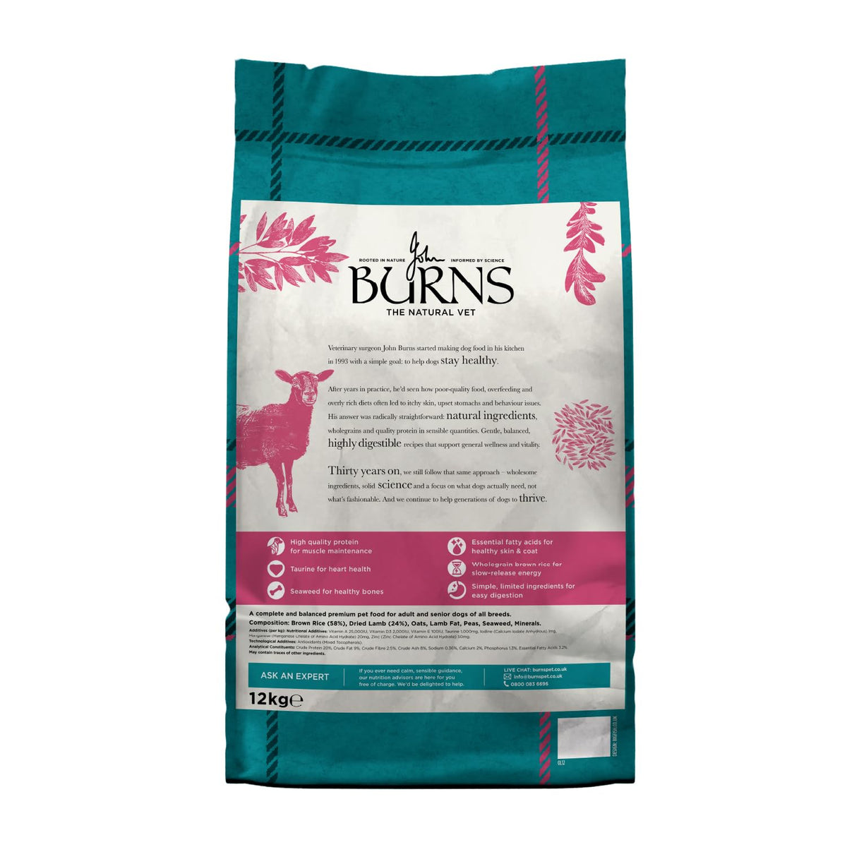 Burns Pet Nutrition Hypoallergenic Complete Dry Dog Food Adult and Senior Dog Original Chicken and Brown Rice 12 kg