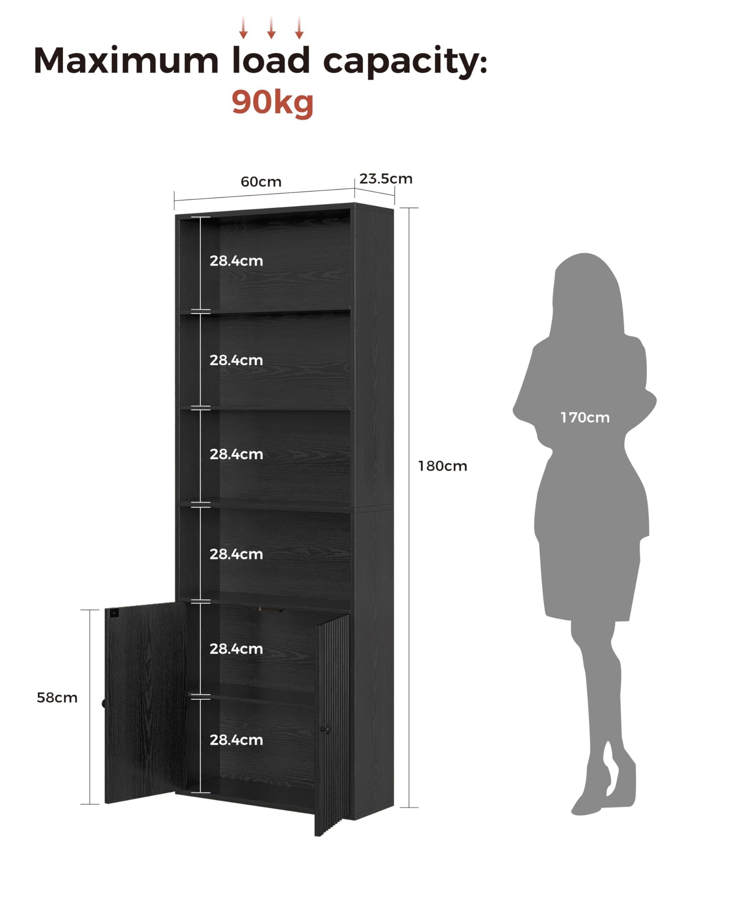 IRONCK Bookcase, Bookshelf with Doors, 6 Tier Tall Book Shelf, Shelving Unit, 60x23.5x180cm Free Standing Display Shelf for Living Room, Home Office, Dinning Room (white)