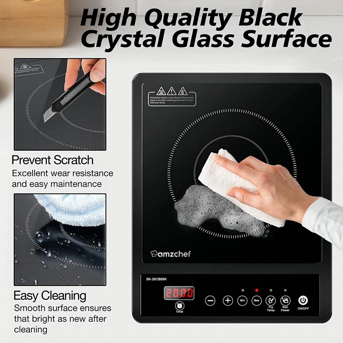 AMZCHEF Single Induction Cooker, Ultra-thin Induction Hob with Fashion Look, 20-level Power and Temperature Control, Black Frosted Glass Panel, Touch Sensor, 3-hour Timer, Safety Lock