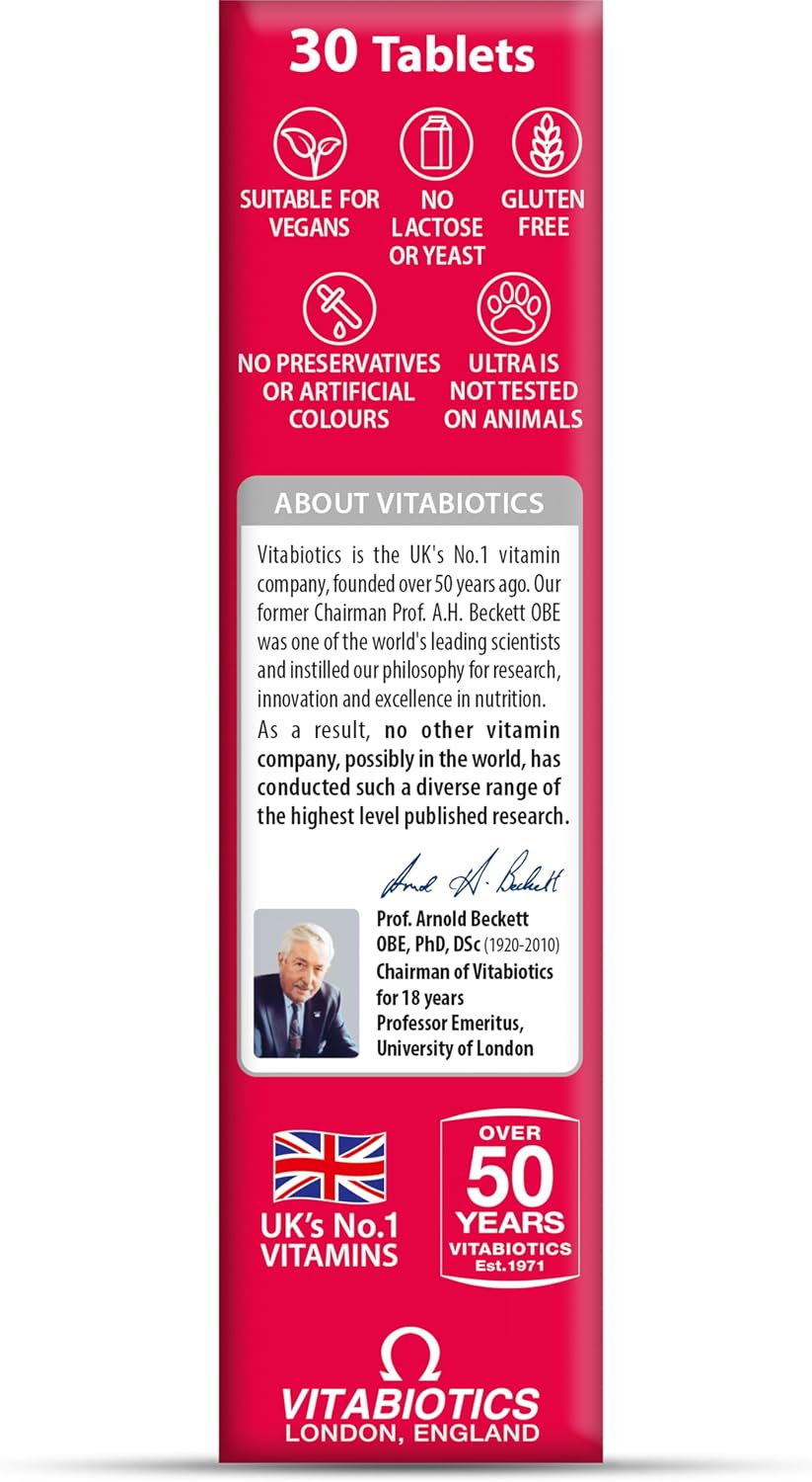 Iron Tablets Supplement, Boosts Energy, Vitality, Power and Immunity and Supports Against Anemia, Tiredness and Fatigue with Added Vitamin C Vitamin B12 and Folic Acid (Vitamin B9), Vitabiotics Ultra