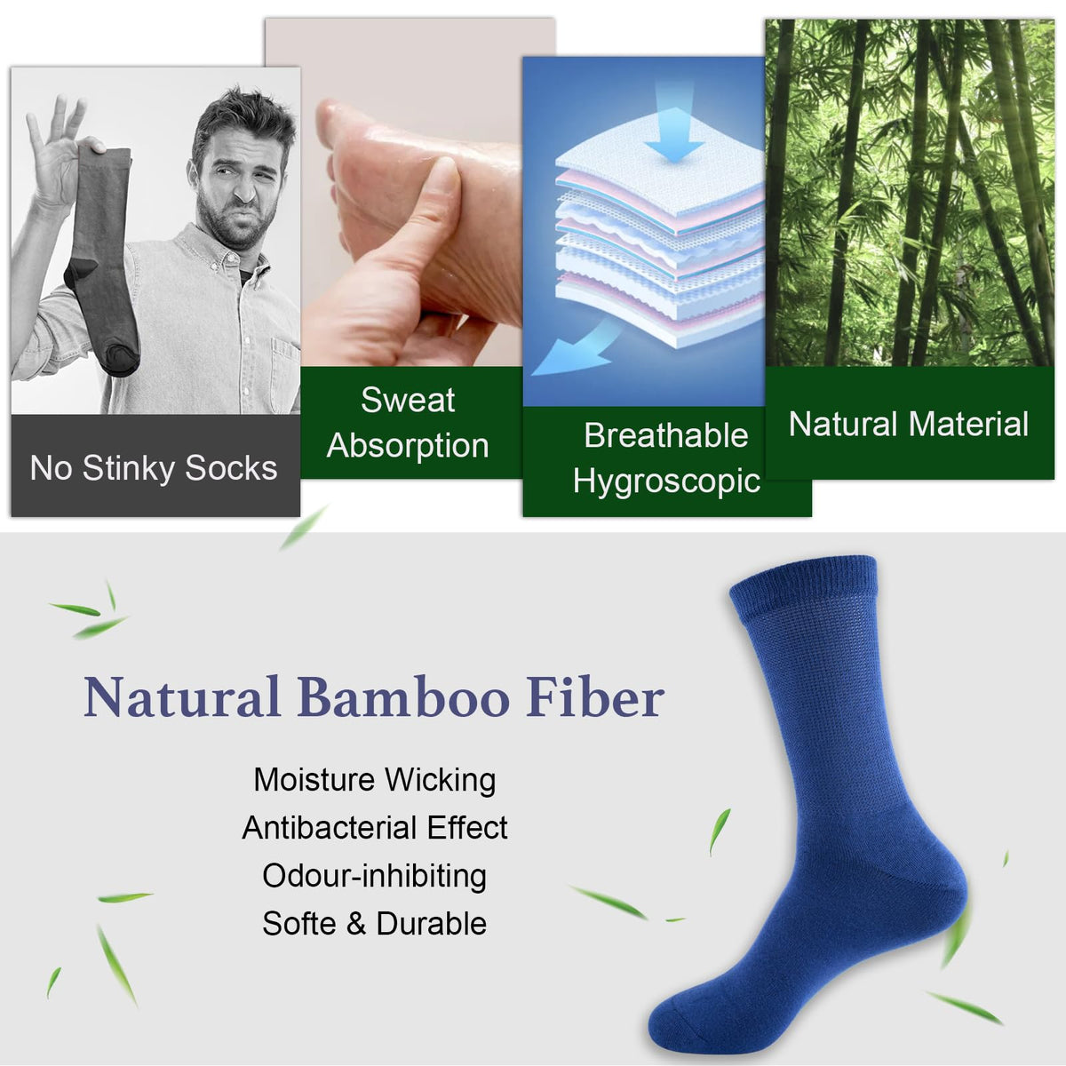 Niorasen Men's Extra Wide Diabetic Bamboo Socks, 3/6 Pairs