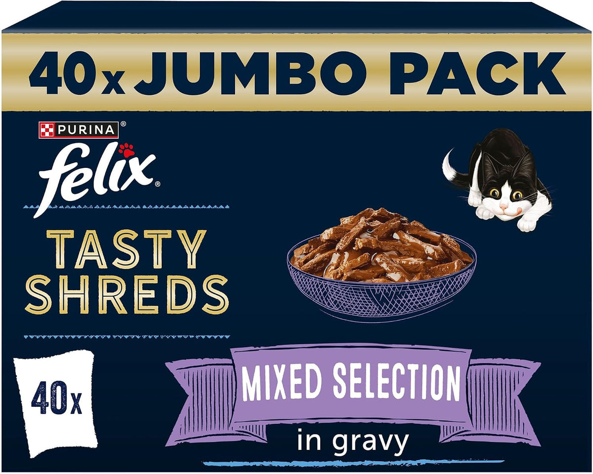 FELIX Tasty Shreds Adult Wet Cat Food Mixed Selection in Gravy Chicken, Beef, Tuna, Salmon 40 x 80g Pouches