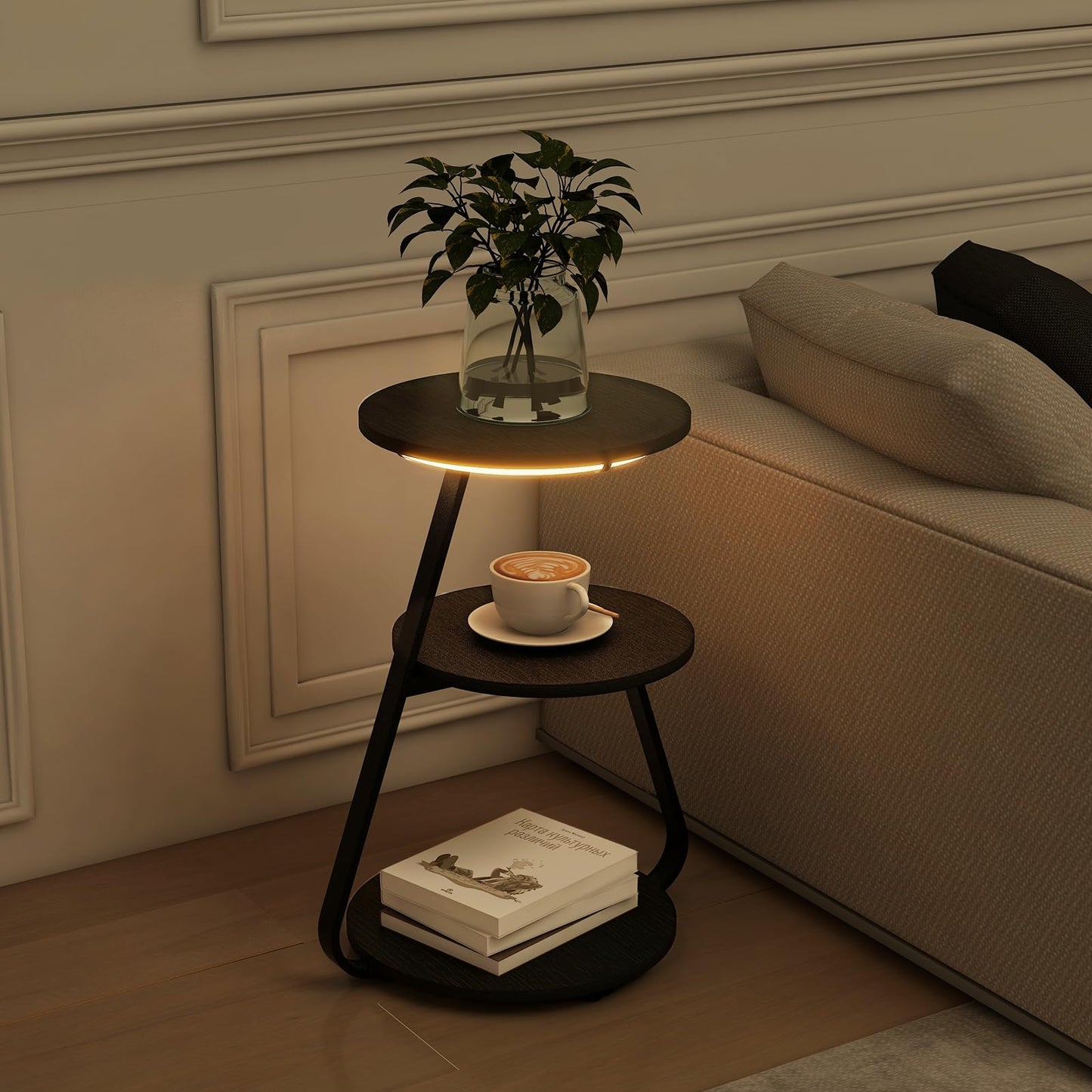 ARTETHYS Side Table, Small Round Coffee Table with 3 Color LED Lights, End Table with 3 Tier Storage Shelves, Bedside Sofa Side Tables for Living Room Bedroom, Rustic Brown
