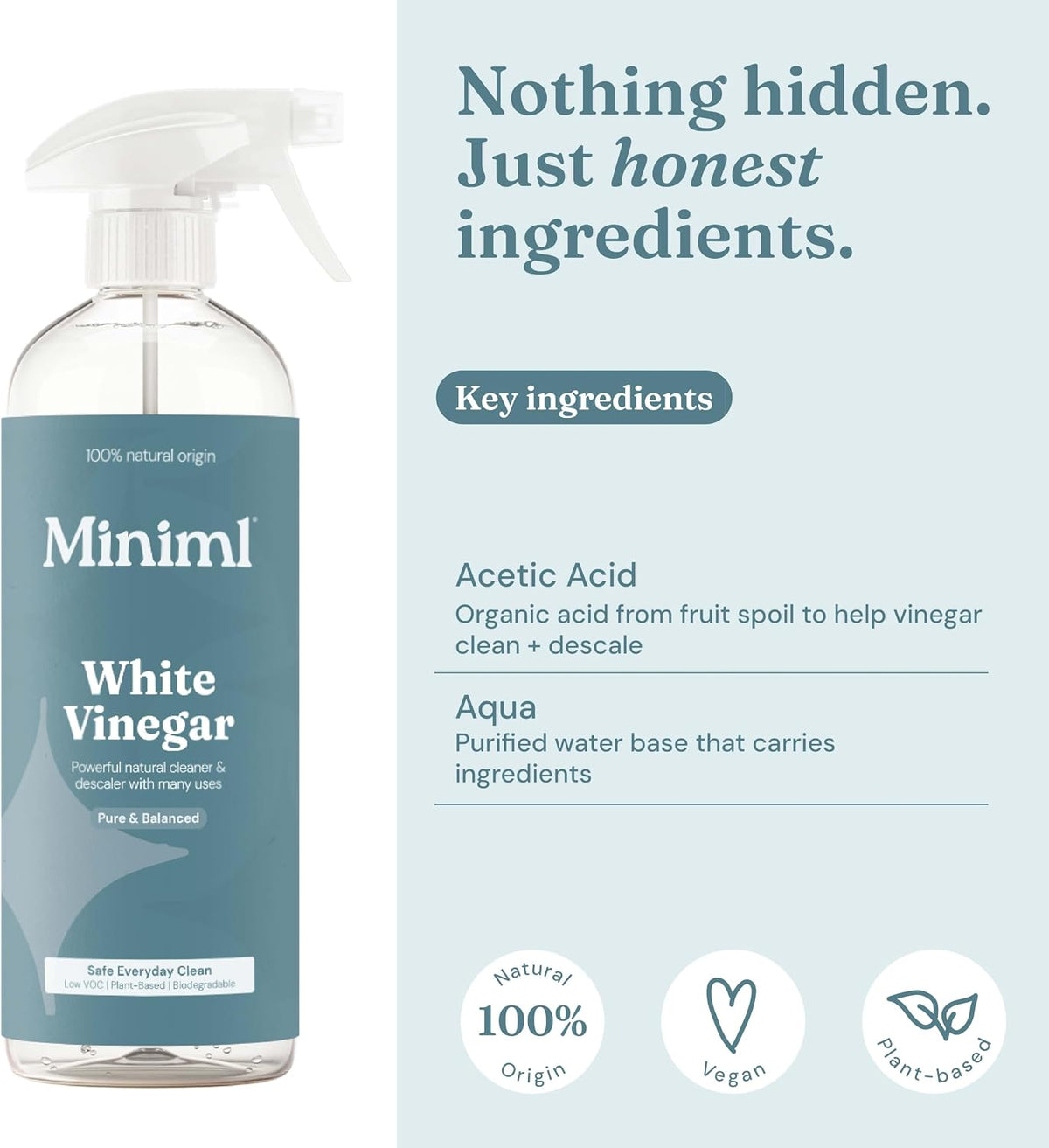 Miniml Eco White Vinegar Cleaning Unscented 750ml - All Natural Multi-Surface & Multi-Purpose Cleaner, Limescale Remover, Laundry Softener & More - 100% Vegan & Cruelty Free