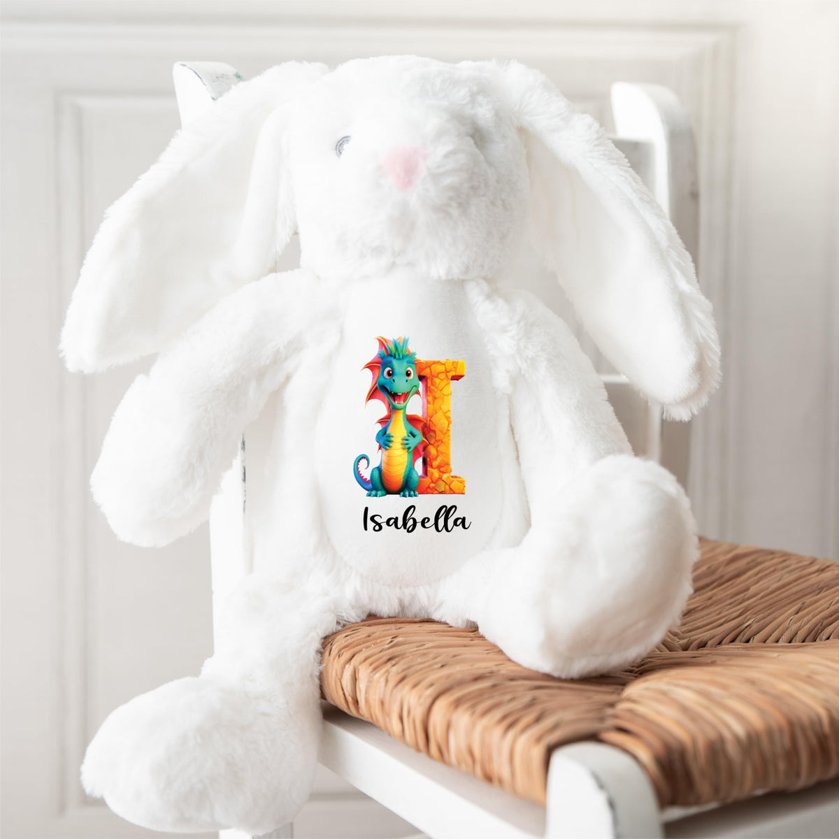 Crafted Memories - Personalised Teddy | Velveteen Bunny Soft Toy | Customisable Name for Newborns | Keepsake for Boys & Girls | Baby Shower Item | Pink Initial | Grey or White, 20-23cm