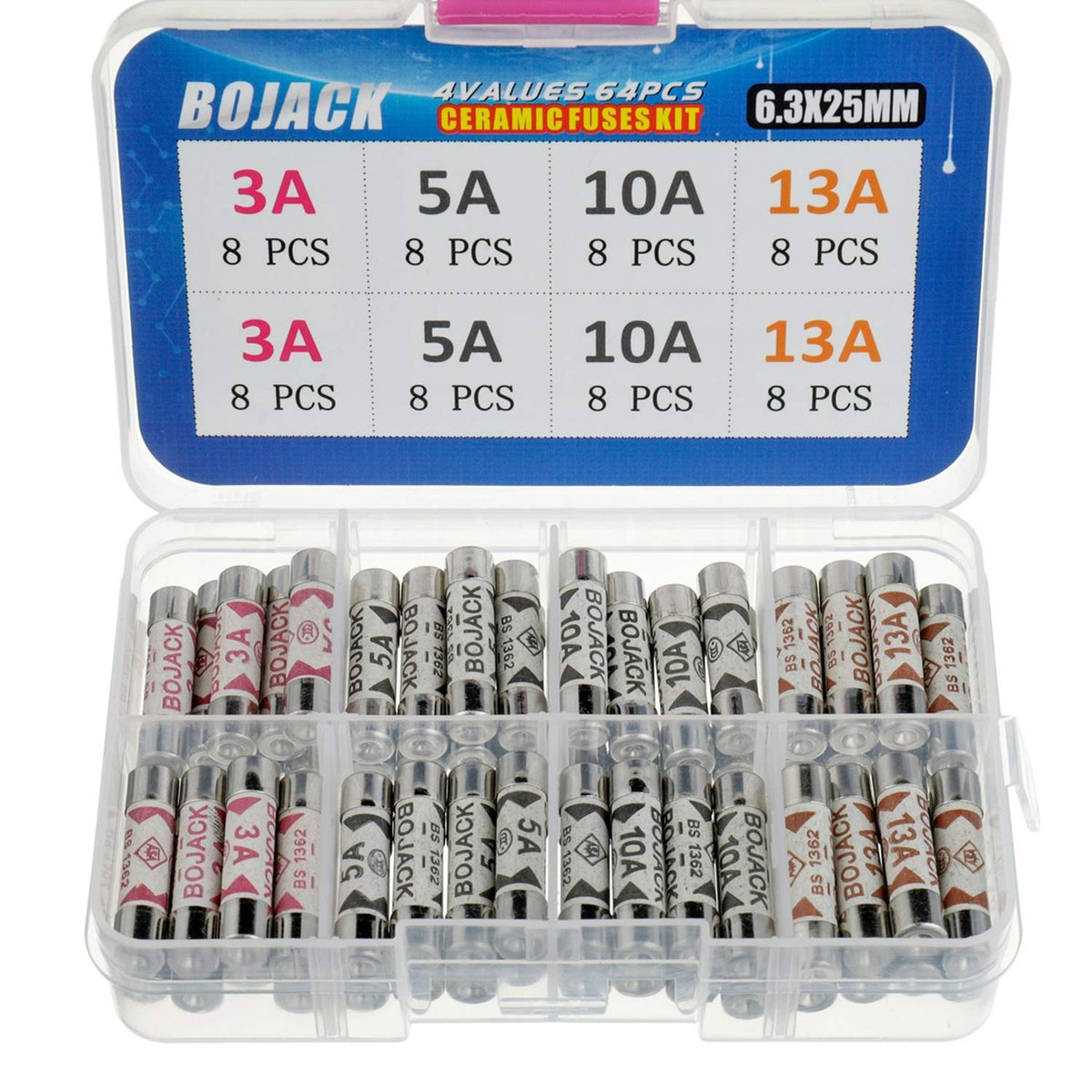 BOJACK 3 Values 42 pcs 3 5 13 A amp 240 V Volt Household Mains Plug Fuse 6.3x25 mm 0.25x1Inch BS1362 Ceramic Tube Cartridge Fuses Assortment Kit packag in a Clear Plastic Box