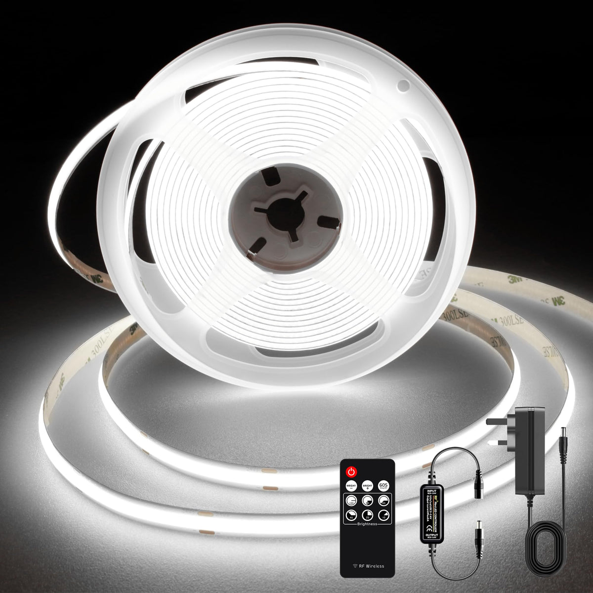 TTWAY COB LED Strip Lights 2700K, Dimmable LED Strip Kit, Super Bright 24V LED Tape Lights CRI90+ with RF Remote and UKCA Power Supply for DIY Home Decoration, 5M, 2400LEDs, Warm White.