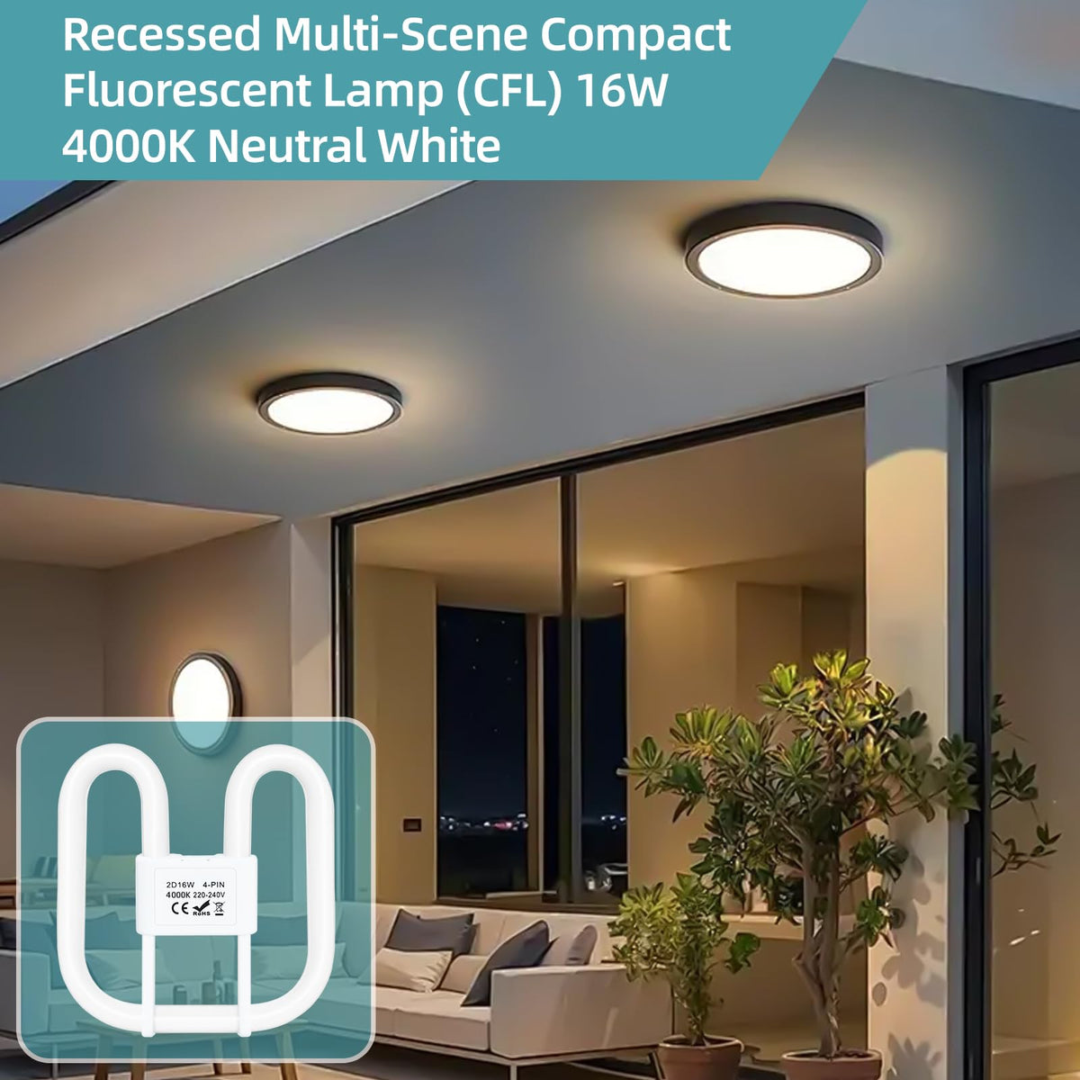 4-PIN 16W(Size: 13.3cm*13.3cm) GR10Q Compact Fluorescent Lamp Non-Dimmable Warm White 3500K, 4PIN (Not 2Pin) Recessed Ceiling Light, CFL Light Bulb, Low Energy Light Bulb, Suitable for Indoor Corrido