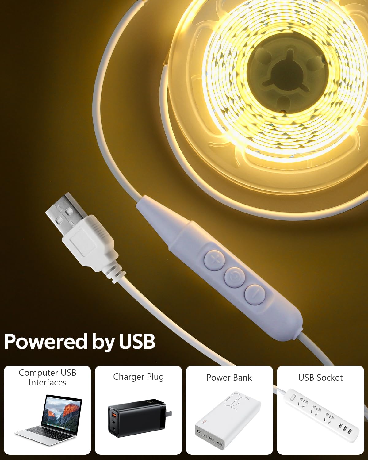 Aclorol 3M COB LED Strip Light Warm White 3000K 5V USB Flexible LED Light Strip 8mm Width Dimmable CRI85+ Dotless Tape Light High Density 320LEDs/M for Bedroom Kitchen Under Cabinet Home Decor